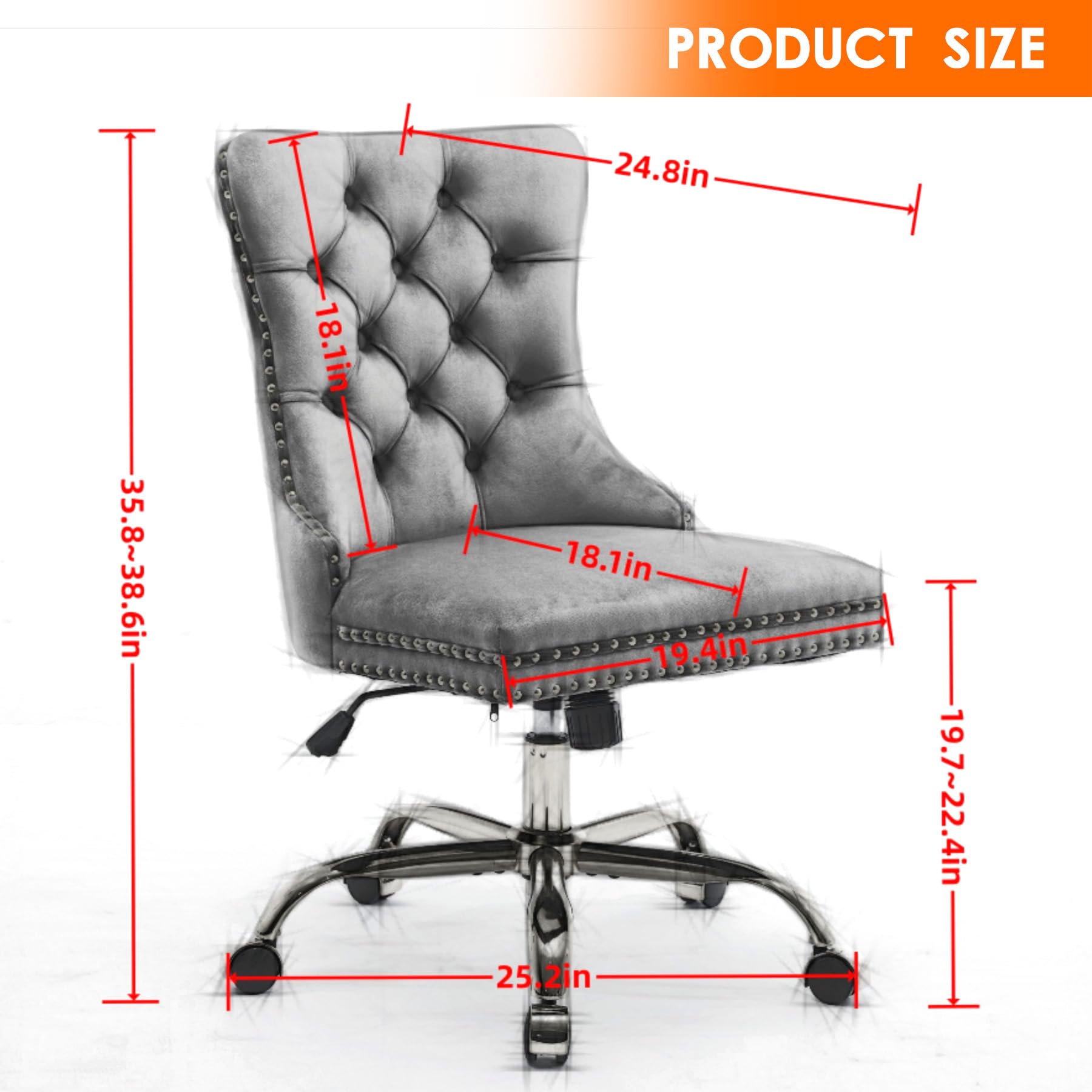 Pawverly Velvet Upholstered Office Chair, Tufted Button Swivel Desk Chair with Adjustable Height, Gold Metal Base & Wheels, Modern Vanity Chair, Black