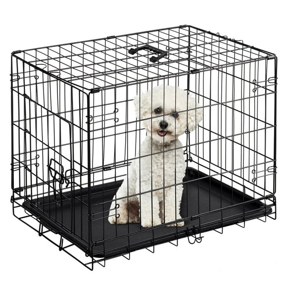 24" Puppy Dog Crate with Divider Panel & Leak-Proof Tray, Single Door Folding Metal Wire Cage, Foldable, Durable Black