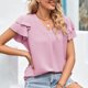 thumbnail image 3 of Camiseta de manga corta para mujer, cuello en V, manga con volantes, informal, cómoda, Top de verano para uso diario, Rosa M, 3 of 6