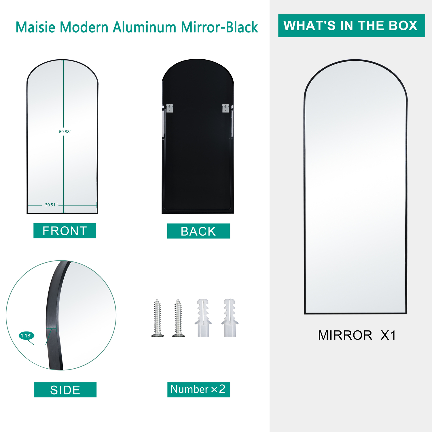 Naomi Home 71”x 31” Mabel Arched Aluminum Mirror Full Length Mirror Free Standing Leaning/Hanging/Mounted Mirror Aluminum Frame for Modern Living, Black