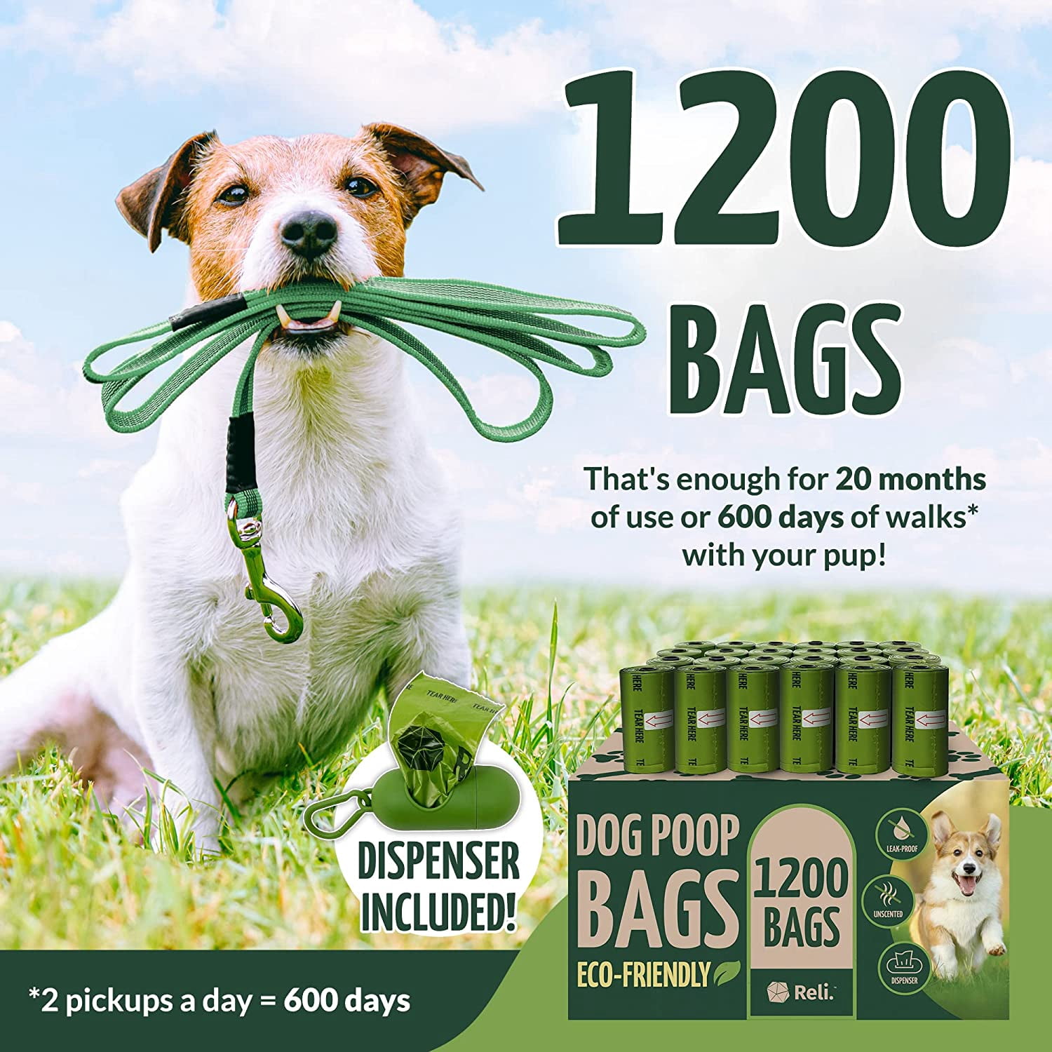 Biodegradable Dog Poop Bags w/Holder (1200 Count - 80 Rolls Bulk) | Leash Clip Dispenser | 9x13" Large Dog Bags for Poop | Green Eco-Friendly Oxobiodegradable Waste Disposal Refills (Unscented)
