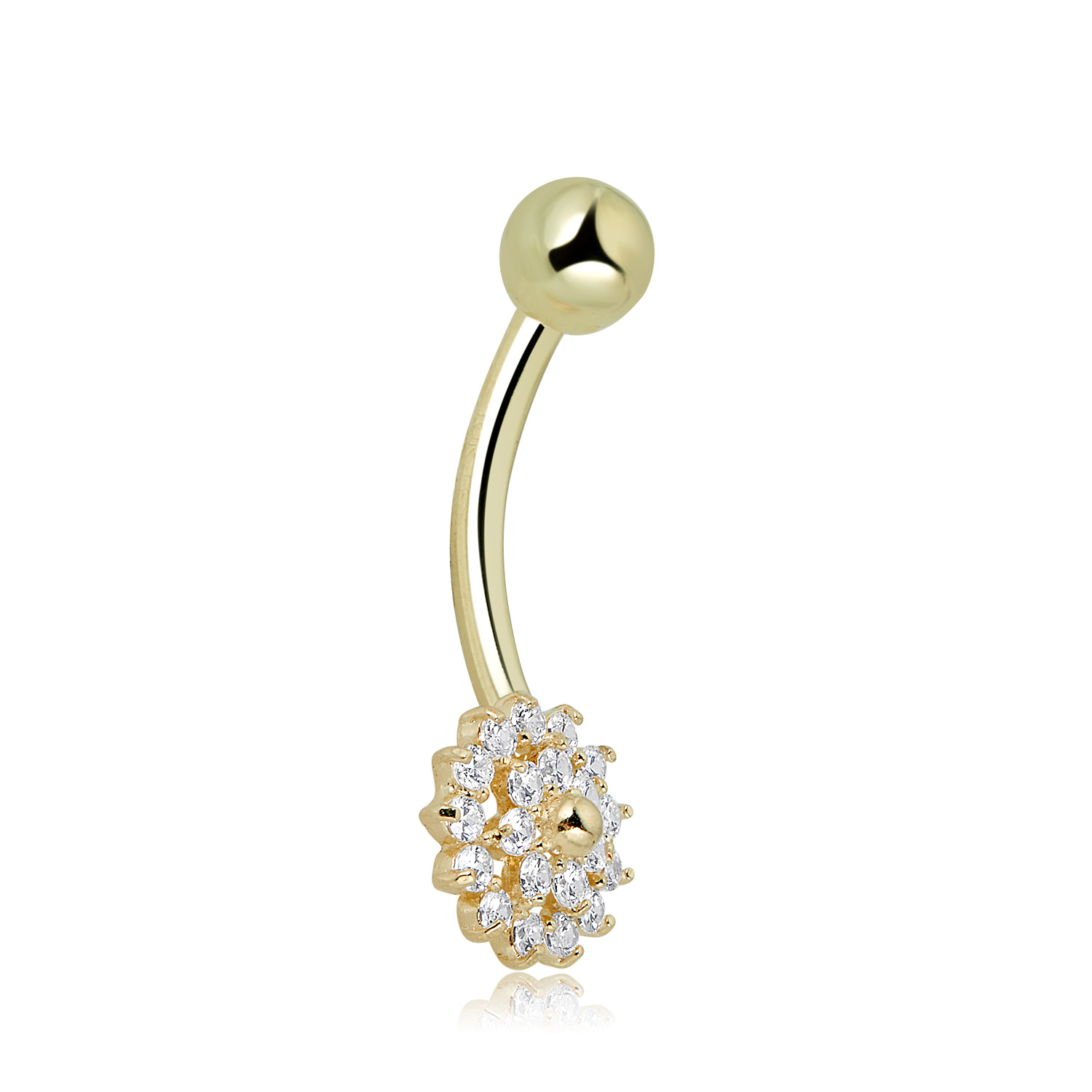 AVORA 10K Yellow Gold Simulated Diamond CZ Open Flower Belly Button Ring Body Jewelry (14 Gauge)