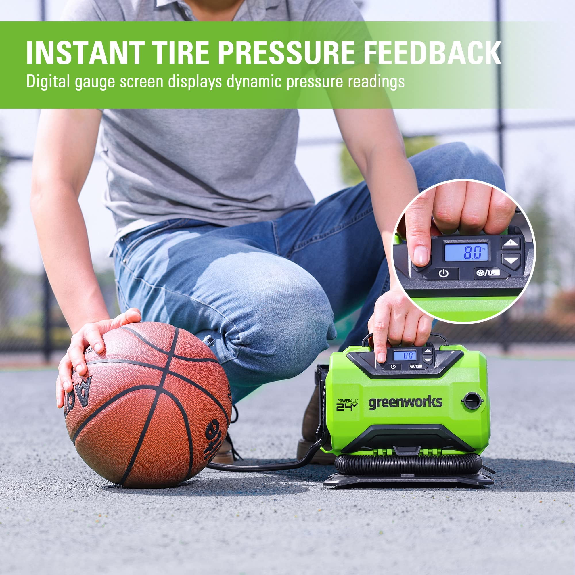 Greenworks 24V Cordless Tire Inflator 160 PSI Portable Air Compressor, Tool Only