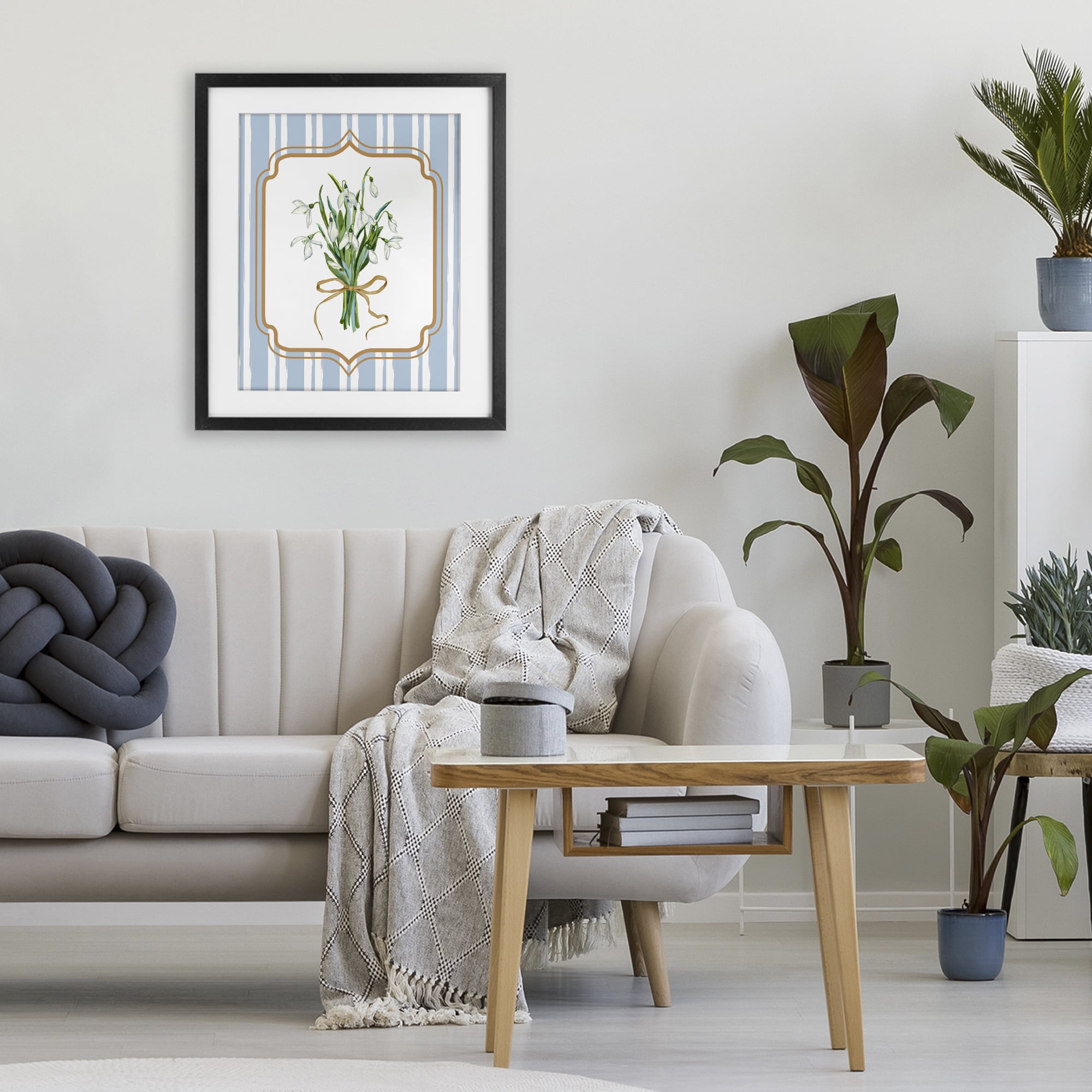 White Flower Bundle on Stripes Black Framed Print Under Glass, design by Adonna Ebrahimi