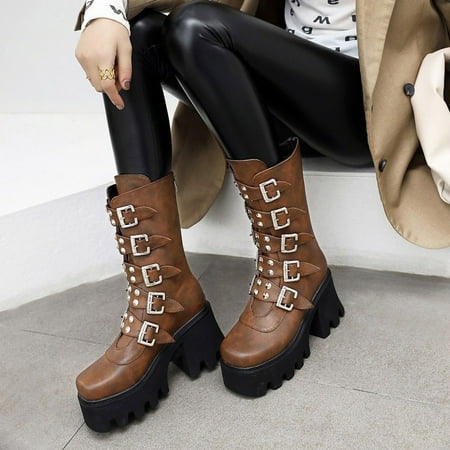 

Zunfeo Women Winter Boots- Solid Round Toe Middle Heeled Lace Up Chelsea Boots Warm Boots Christmas Gifts Clearance Brown 5
