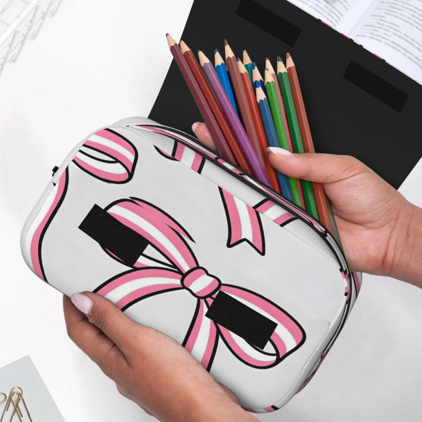Large-Capacity Flip-Top Double-Layer Pencil Case, Multi-Functional Pocket Pen Case, Durable Stationery Organizer Pink And White Bows