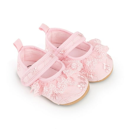 Mildsown Baby Girls Mary Jane Flats Lace Trim Embroidery Princess Dress Shoes