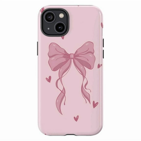 Cute Pink Bow iPhone Case, Girly Ribbon & Heart Design Protective Cover, Kawaii Pastel Aesthetic Phone Case for iPhone 16 15 14 13 12 11 Pro Max Plus Mini