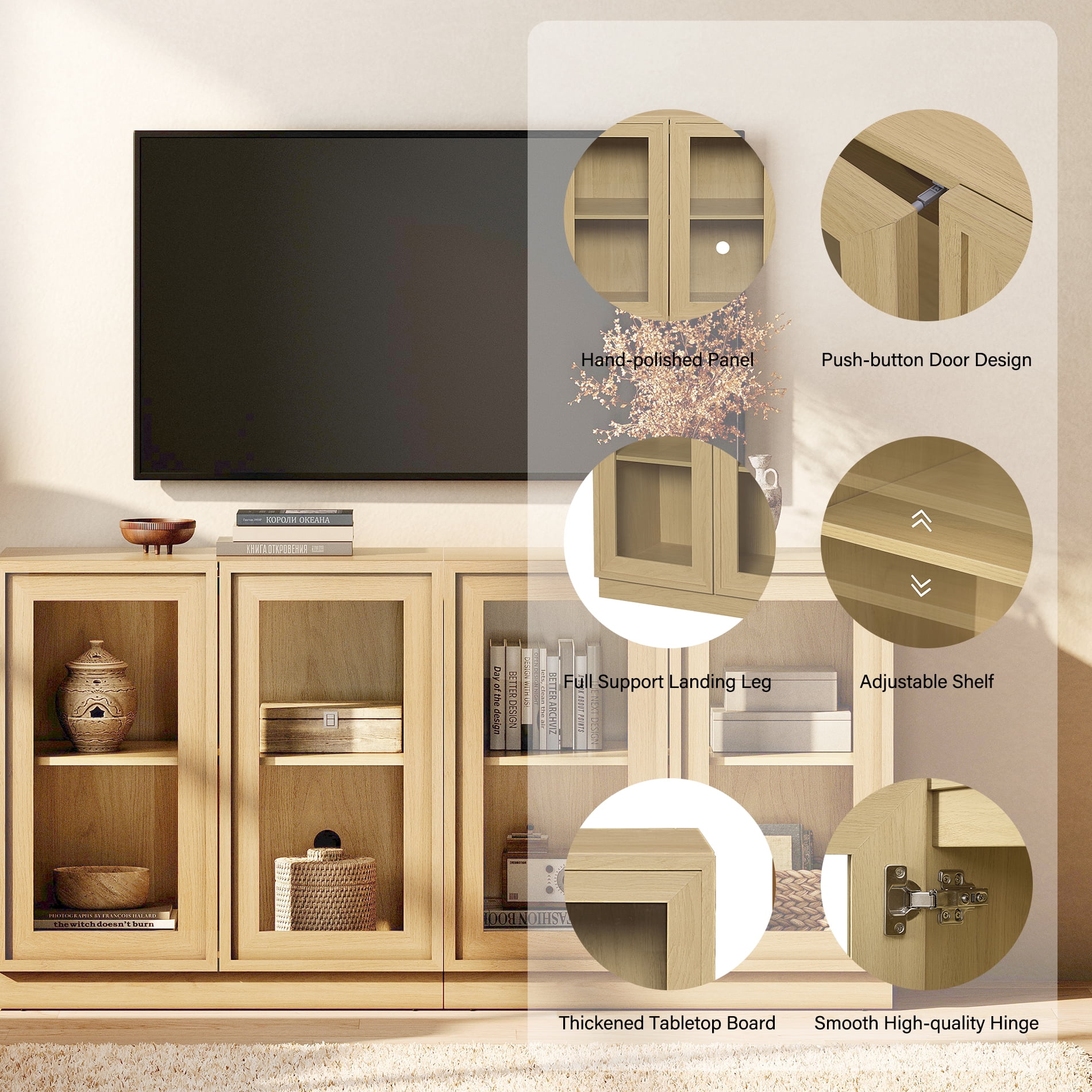 94.5" Modern Sideboard Buffet Cabinet with 6 Glass Doors, Multifunctional Sideboard with Large Storage and Adjustable Shelf, Oak