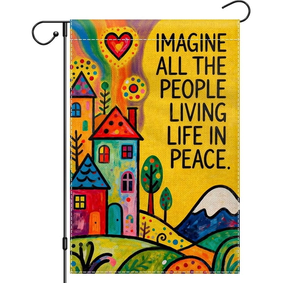 Imagine All People Living Life Peace Garden Flag 12 x 18 Inch Double Sided Burlap Outdoor Decor