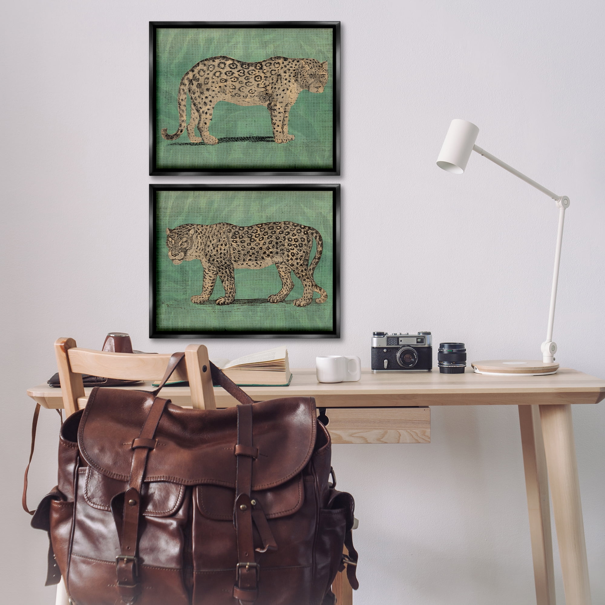 Stupell Industries Stunned Jaguar Hunting Animals Painting Black Floater Framed Canvas Art Print Wall Art, 21 x 17, Set of 2