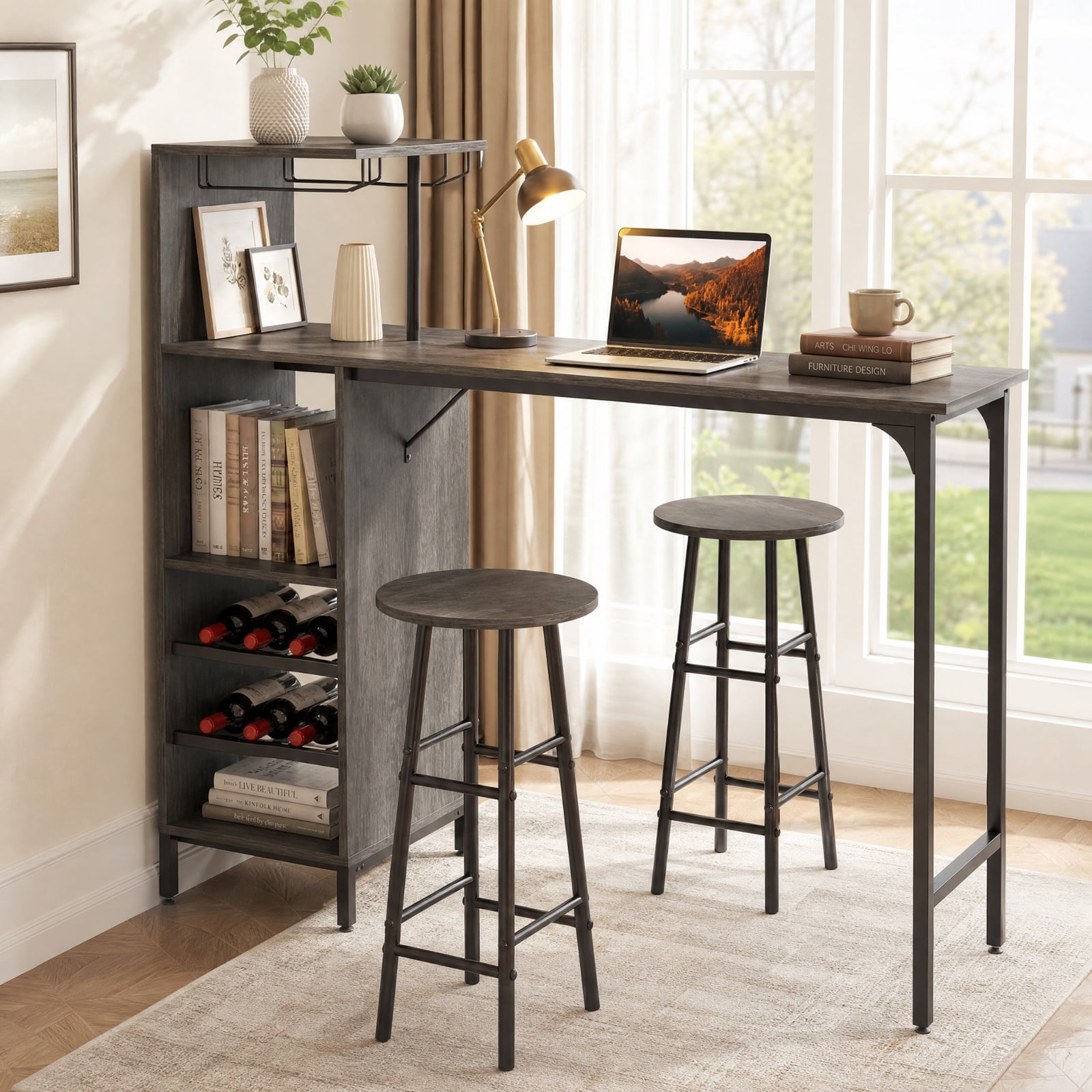Furnibear 3 Piece Bar Table and Chairs Set with 6-Bottle Wine Rack for Kitchen Dining Room Breakfast Nook Home, Oak