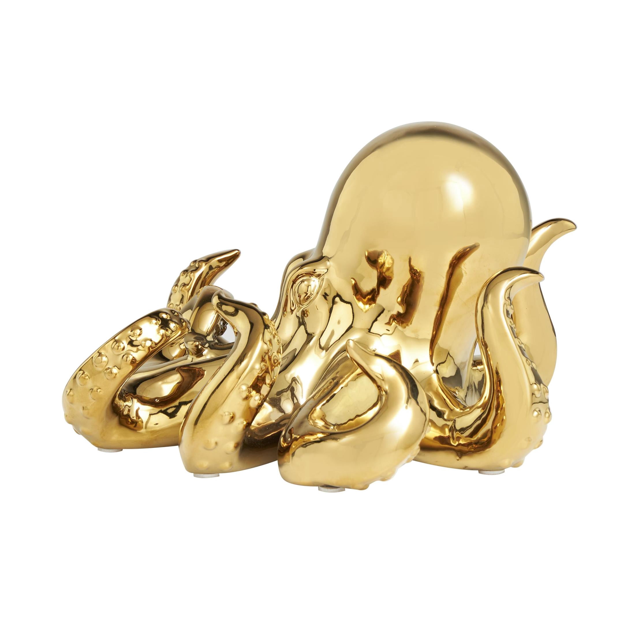 12" x 7" Gold Ceramic Octopus Sculpture with Textured Tentacles, by DecMode