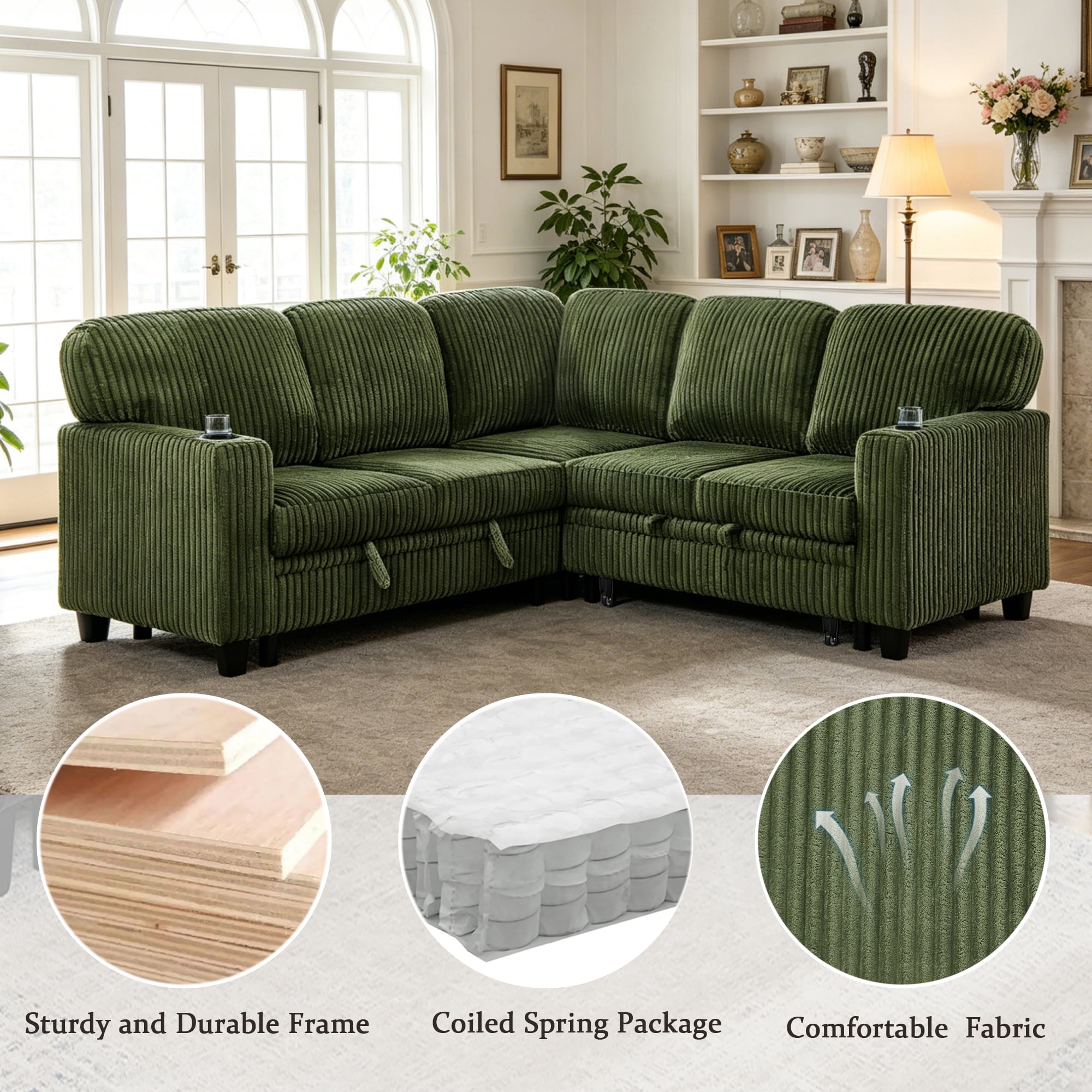 5-Seat L-Shaped Sectional Sofa with Pull-Out Bed, Reversible Chaise with Storage, Sleeper Sofa Couch Bed with USB & Type-C Charging Ports, Chenille Fabric Couch for Living Room, Apartment