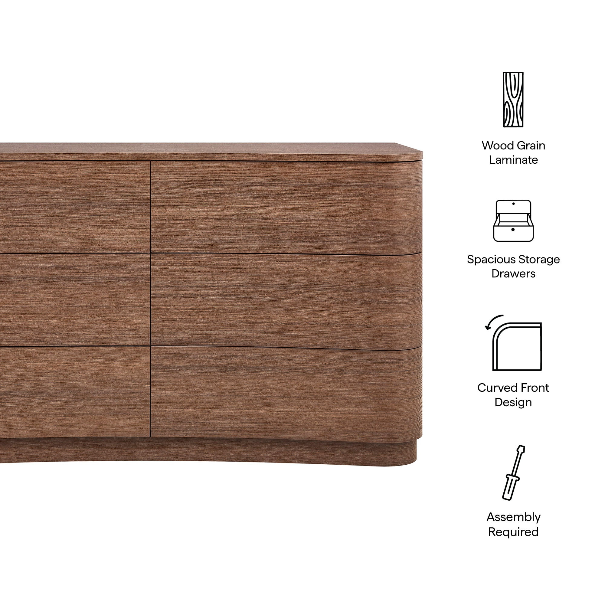 Modway Mirae 6-Drawer Curved Dresser in Brushed Brown Oak by Modway