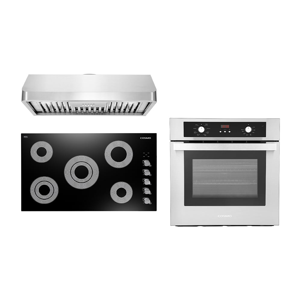 Cosmo 3 Piece Kitchen Appliance Package With 36" Electric Cooktop 36" Under Cabinet Range Hood 24" Single Electric Wall Oven Kitchen Appliance Bundles