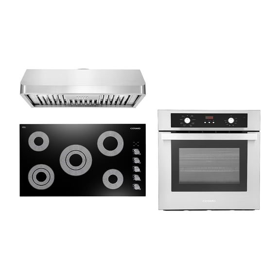 Cosmo 3 Piece Kitchen Appliance Package With 36" Electric Cooktop 36" Under Cabinet Range Hood 24" Single Electric Wall Oven Kitchen Appliance Bundles