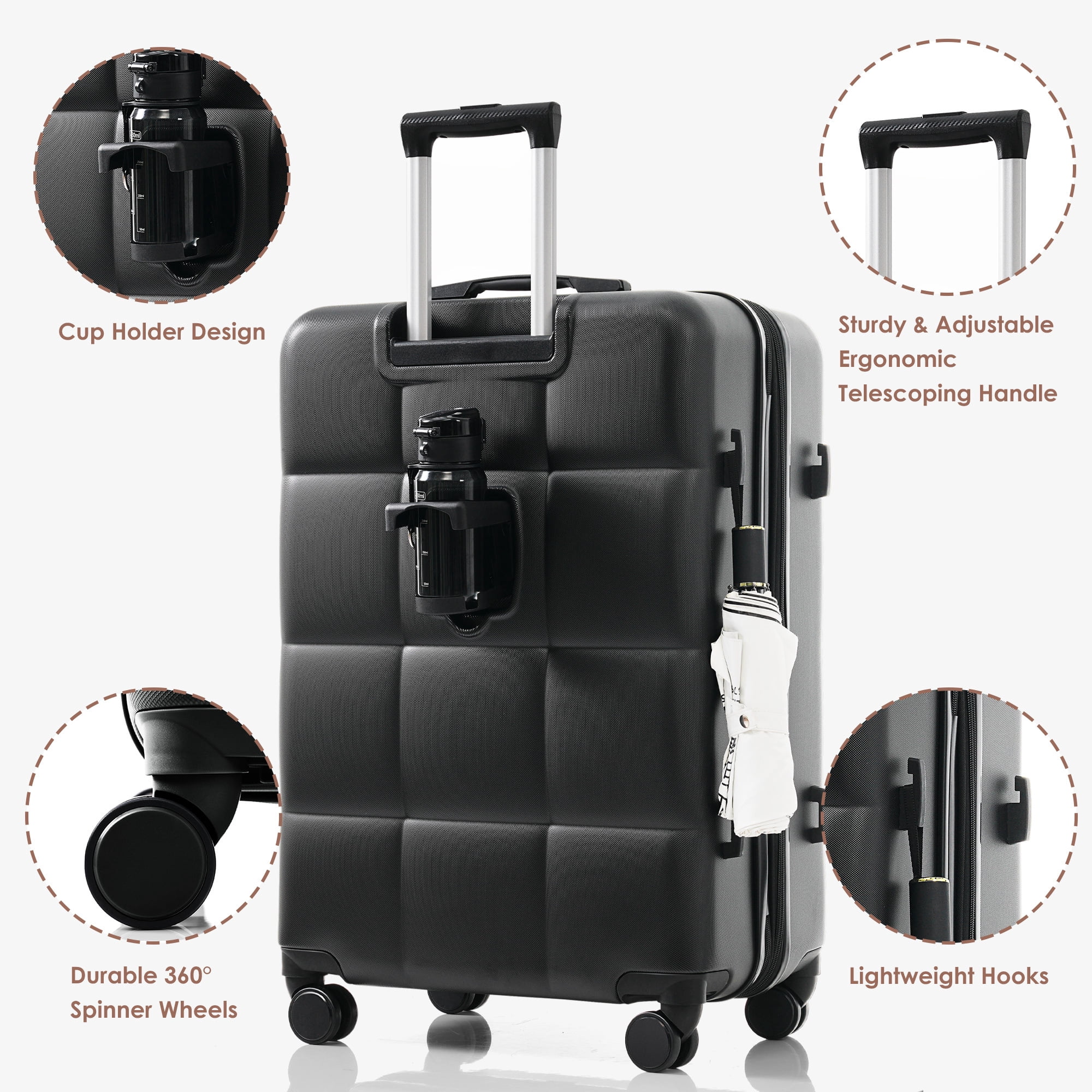 Euroco 4 Piece Luggage Sets,ABS Hardshell Suitcase Set with USB Port ,Cup Holder,Travel Bag and Spinner Wheels,Expandable Travel Luggage for Men Women(20"/24"/28"),Black