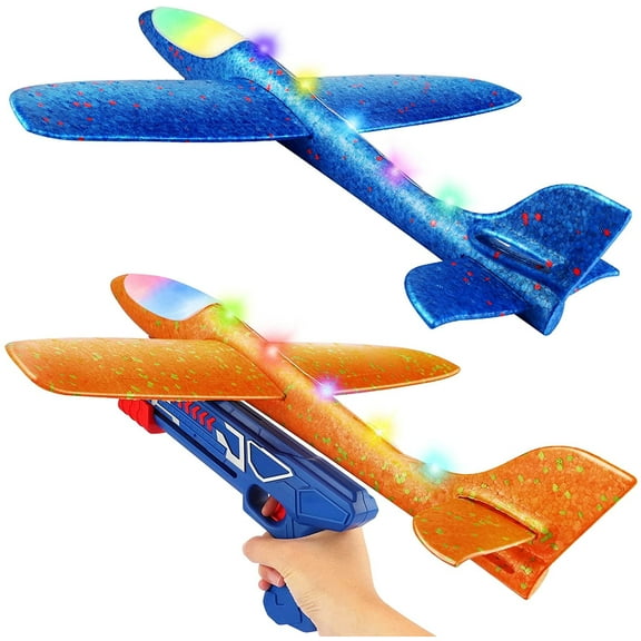 2 Pack Airplane Toy with Launcher,Cool LED Light Foam Glider Planes Outdoor Toys Yard Games for Kids Ages 4-12 Y Xmas Gifts