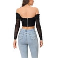 thumbnail image 3 of Top corto de corsé con mangas largas de malla transparente para mujeres, blusa con hombros al descubierto, bustier con varillas, push up, fiesta, XS, negro, 3 of 6