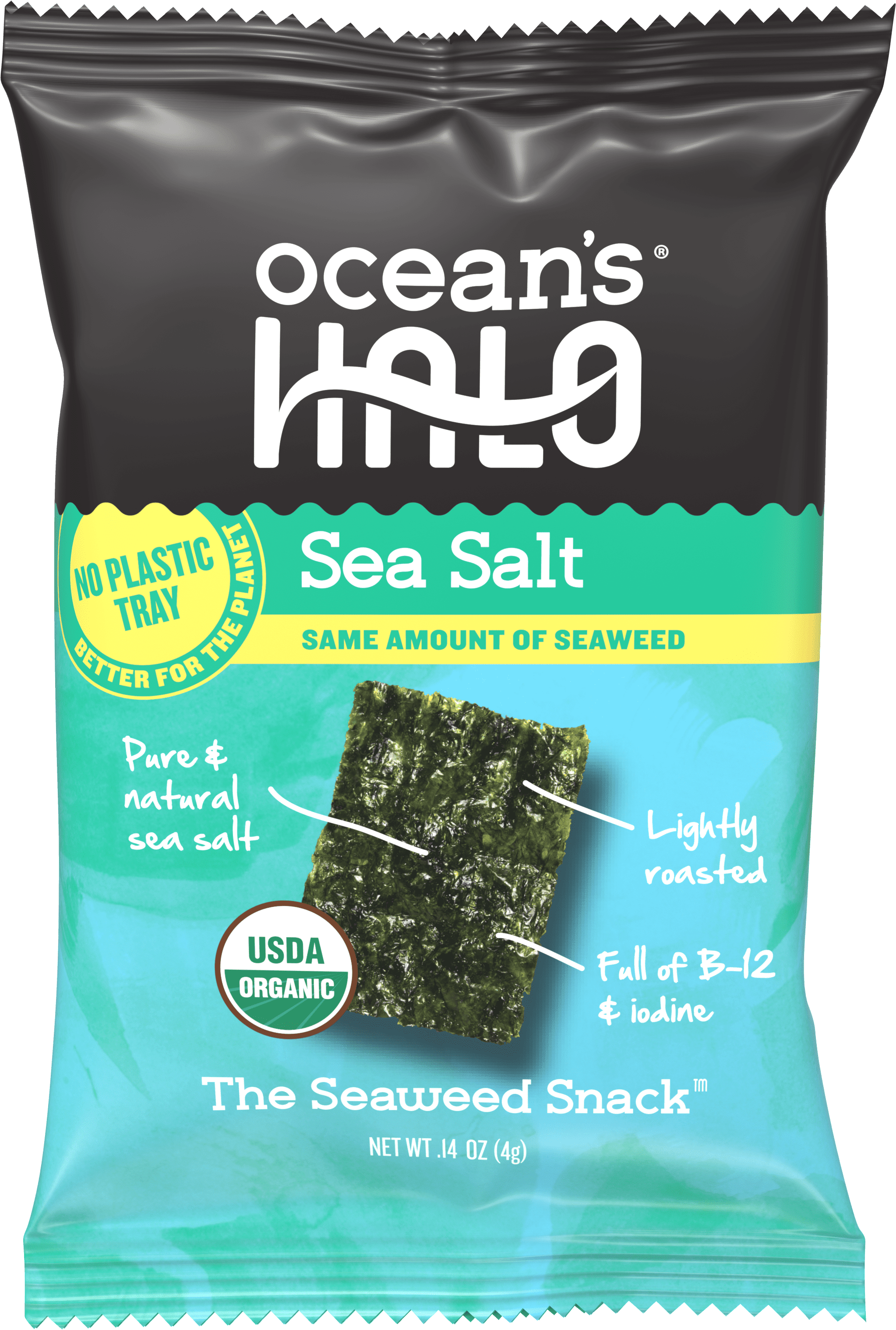 Ocean's Halo, Organic Trayless Seaweed Snack, Sea Salt, Vegan, No Plastic Tray, 1pk Nori, Shelf-Stable, 0.14 oz