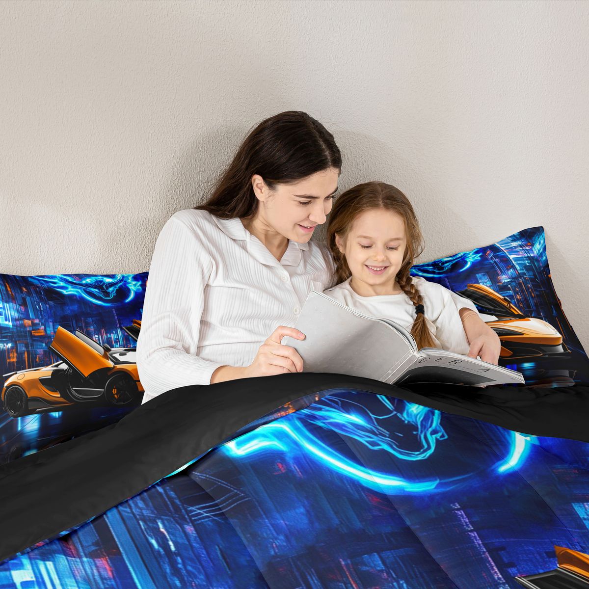 Feelyou Speed Sports Lover Bedding Comforter Set for Child, Fashion Automobile Twin Comforter Sets, Neon Stripes Lines Reversible Bedding Set, Lightweight Room Decor, 2-Piece