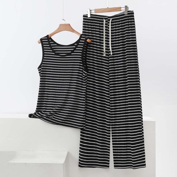 Xdegoge Pajama Sets for Women Scoop Neck Sleeveless Tank Top and Pants Casual Sleepwear Loungewear Loose Fit Striped Pattern Soft Lightweight Spring Summer