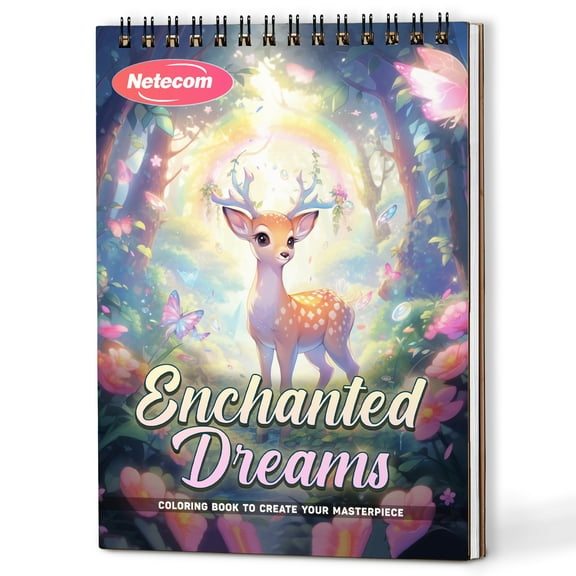 Netecom Enchanted Dreams Coloring Book Spiral Bound For Adults, A5 Wooden Cover, 30 Magical Coloring Pages in Fairytale Worlds for Stress Relief and Relaxation