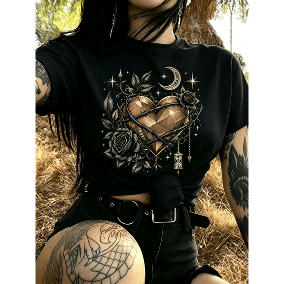 Women's Gothic Thorn Broken Heart Black Rose Graphic T-Shirt, Vintage Crescent Moon Star Hourglass Short Sleeve Crew Neck Casual Tee