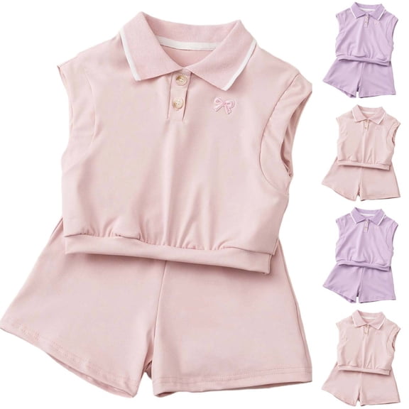 Babcutegg Kids Bowtie Two-Piece Outfit – Sleeveless Polo Top & Shorts Set for Boys and Girls, Summer Casual Matching Set Purple Size 7-8