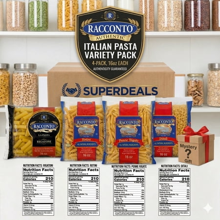 Racconto Italian Pasta Variety Pack (4 Pack, 16 oz Each) – Rigatoni, Rotini, Penne Rigate & Ditali – Authentic Durum Wheat Pasta Bundle – Bulk Pantry Staples – Bundled by SUPERDEALS with Mystery Gift