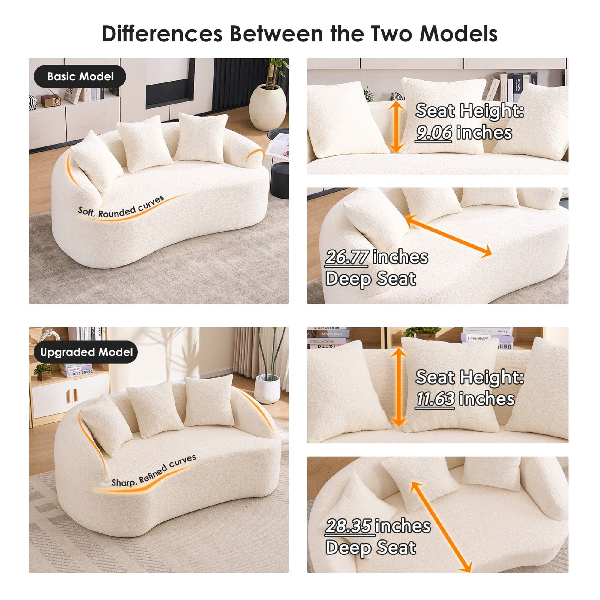 Sailvan Curved Modern Boneless 2-Seater Chenille Sofa Loveseat with 3 Pillows