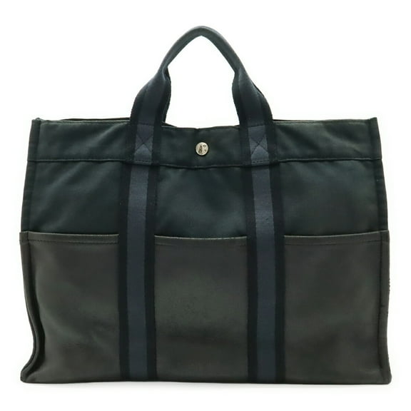 Pre-Owned HERMES Hermès Foule Tote MM Half Leather Bag Handbag Canvas Black (Good)