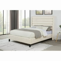 Upholstered California King Platform Bed, Rolled Channel Tufted Headboard Modern Bedroom Bed Frame, Beige