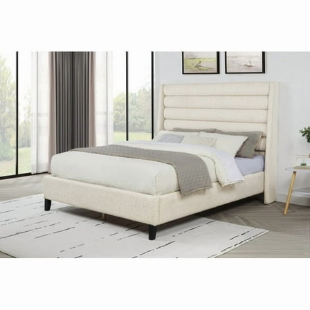 Upholstered California King Platform Bed, Rolled Channel Tufted Headboard Modern Bedroom Bed Frame, Beige