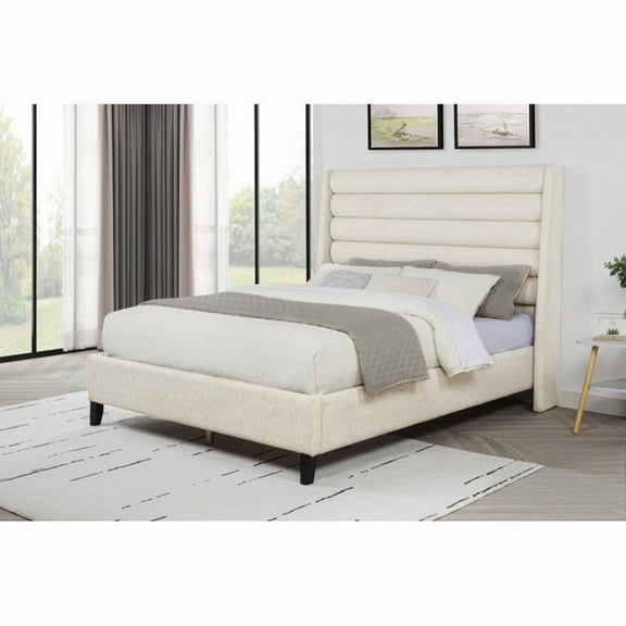 Upholstered California King Platform Bed, Rolled Channel Tufted Headboard Modern Bedroom Bed Frame, Beige