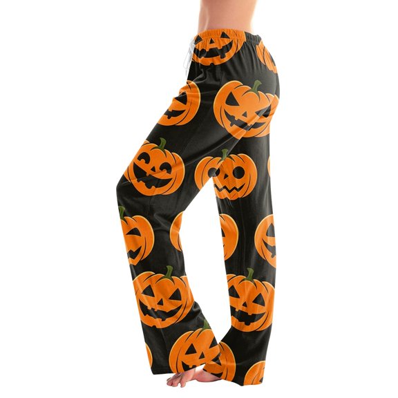 Domzest Halloween Pajama Pants for Women Pumpkin Ghost Bat Print Drawstring Elastic Waisted Sleepwear Wide Leg Funny Pajama Bottoms Yellow XXL