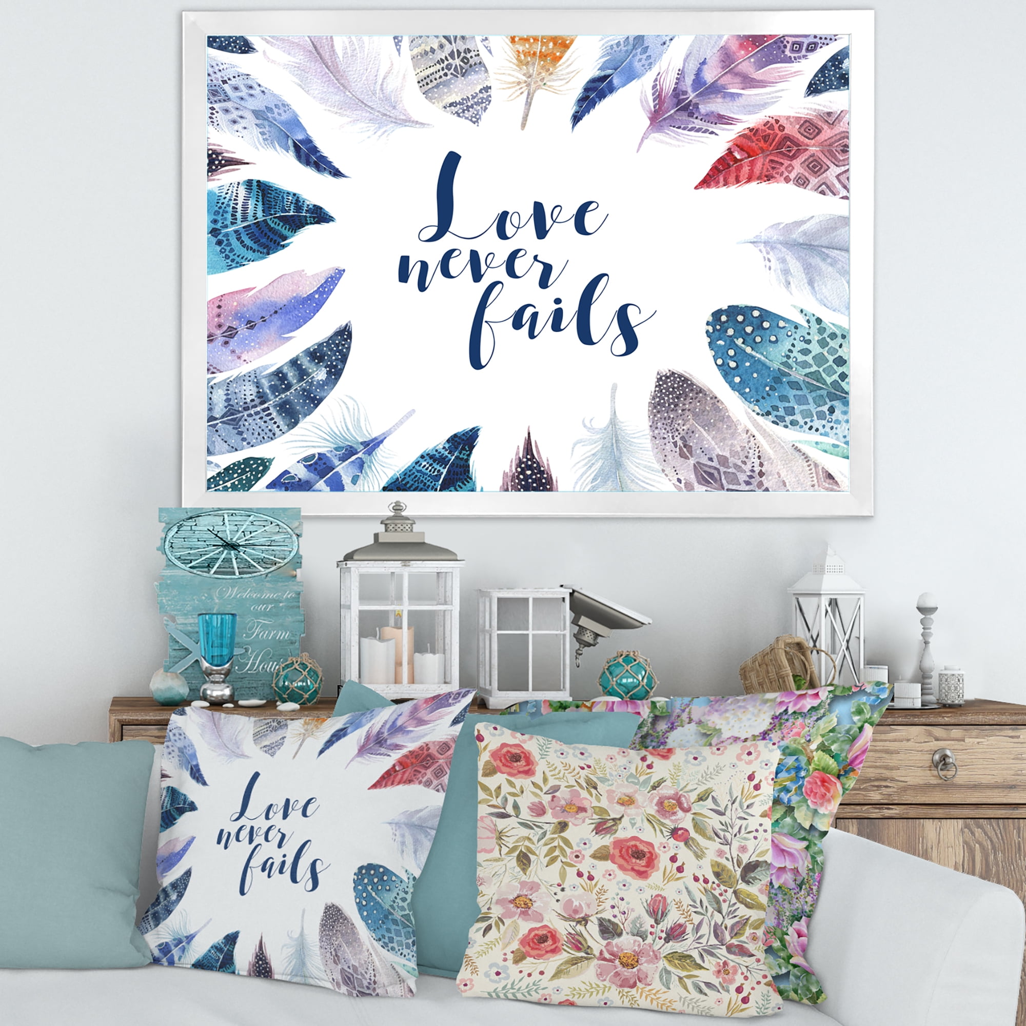Inspiring Quote With Boho Feathers 32 in x 24 in Framed Painting Canvas Art Print, by Designart