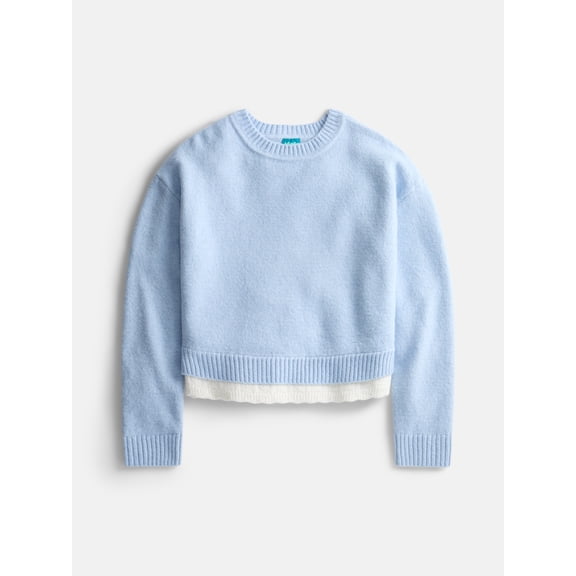 Wonder Nation Girls Pointelle Trim Sweater with Long Sleeves, Sizes 4-18