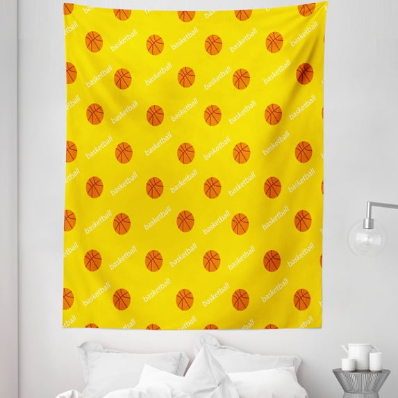 Basketball Tapestry, Athletics League Theme Balls on Yellow Backdrop Goal Fun Game Match, Fabric Wall Hanging Decor for Bedroom Living Room Dorm, 5 Sizes, Yellow Orange White, by Ambesonne