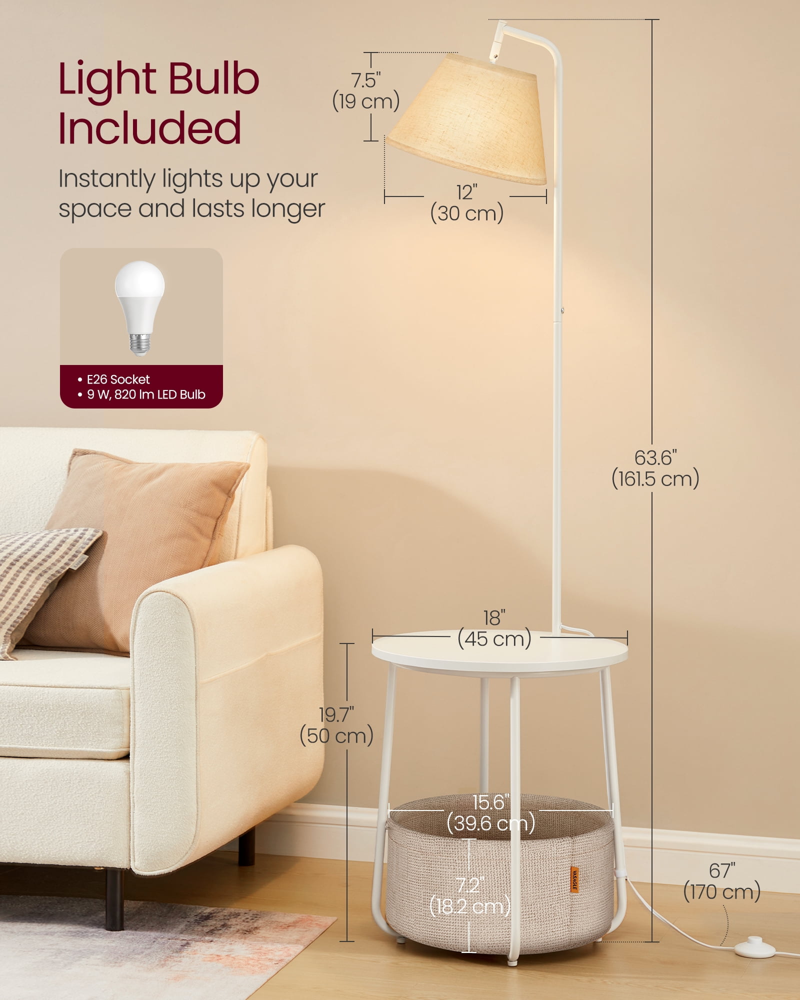 VASAGLE End Table with Lamp, 3-in-1 Floor Lamp with Table and Fabric Basket for Living Room, Tunable LED Bulb Included, Angle-Adjustable Lampshade, Steel Frame, Matte White