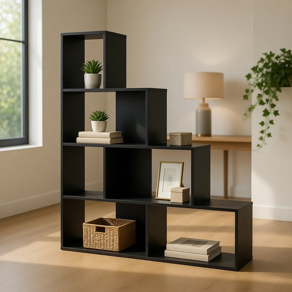 Barara King 4-Tier Modern Stepped Bookshelf with 6 Storage Cubes, Bookcase Display Standing Shelf for Living Room, Bedroom, Office Room, Study Room, Black