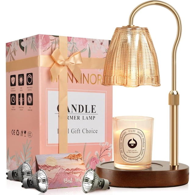 Candle Warmer Lamp with Timer & Dimmer, Candle Warmer Height Adjustable, Fits All Jar Scented Candles, Candle Lamp with 3 Bulbs, Charming Gift Box with Ribbon for Gifting