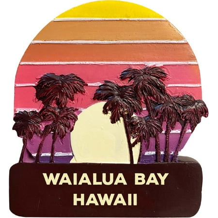 

Waialua Bay Hawaii Trendy Souvenir Hand Painted Resin Refrigerator Magnet Sunset and palm trees Design 3-Inch Approximately