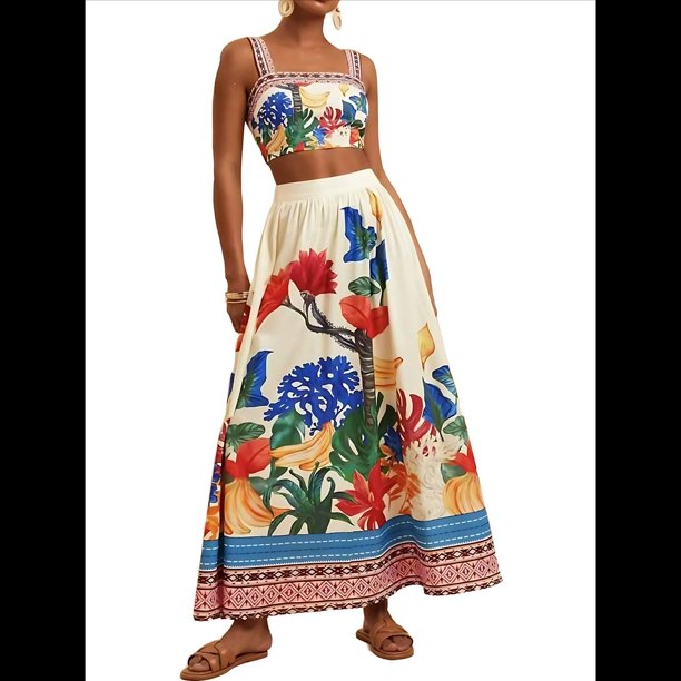Conjuntos de Falda Estampada para Mujer, Top Corto con Cuello Halter Floral, Falda Larga Acampanada, Conjuntos Casuales para Salir. XL