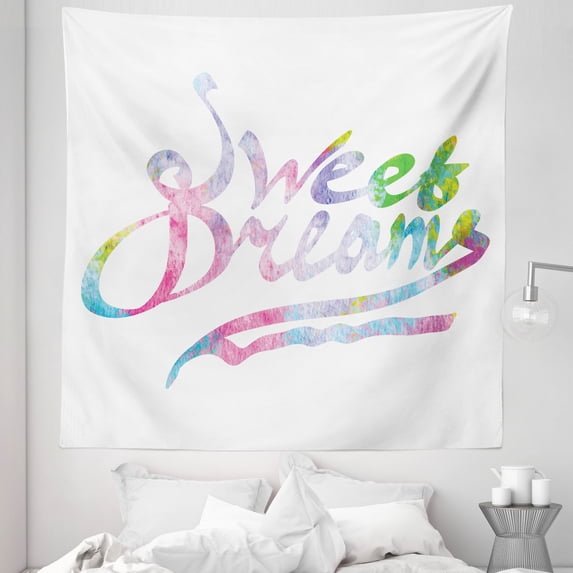 Saying Tapestry, Colorful Words in Watercolor Style Fantasy Happiness Youth Themes, Fabric Wall Hanging Decor for Bedroom Living Room Dorm, 5 Sizes, Multicolor, by Ambesonne