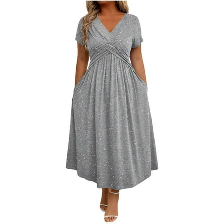 SAFUNY Women s Crewneck Short Sleeve A Line Dress Pullover Flowy Elegant Date Tea Party Wedding Guest Dress Gray S