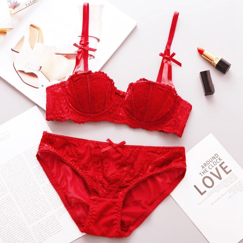 Women's Lace Bra and Panty Sets, Two Piece Underwire Sexy Lingerie Push Up  Bras Set, Red