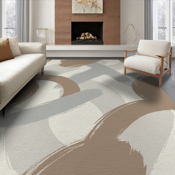 ODIKA 8'x10' Washable Area Rug Brushstroke With Minimalist Interlocking Shapes Abstract Modern Refined for Dining Room, Large Office, Lounge, Non-Slip Chair-Friendly Mat