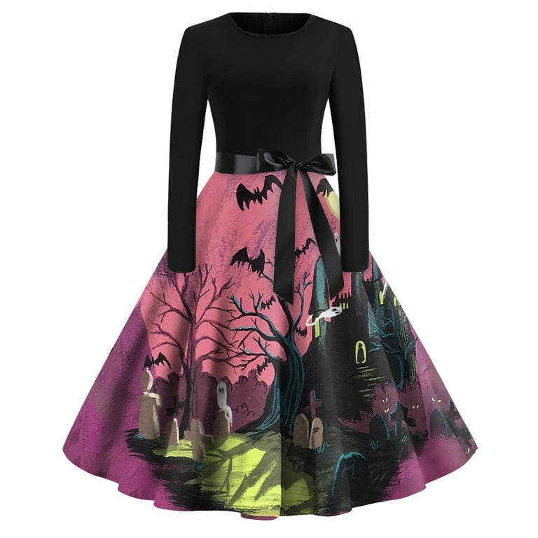 Halloween Print Flare Dress for Women Long Sleeve Dress Hollow Party Casual  Dresses, Fall and Winter Themed Wear for Festive Events, Unique and Fun  Design,Pink,L - Walmart.com